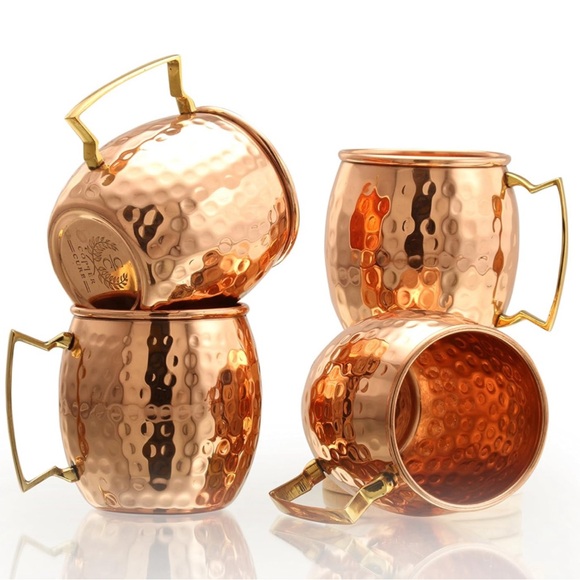 Pure Copper Hammered Mugs with Copper Straws & Wooden Coasters Set of 4 - Picture 6 of 8